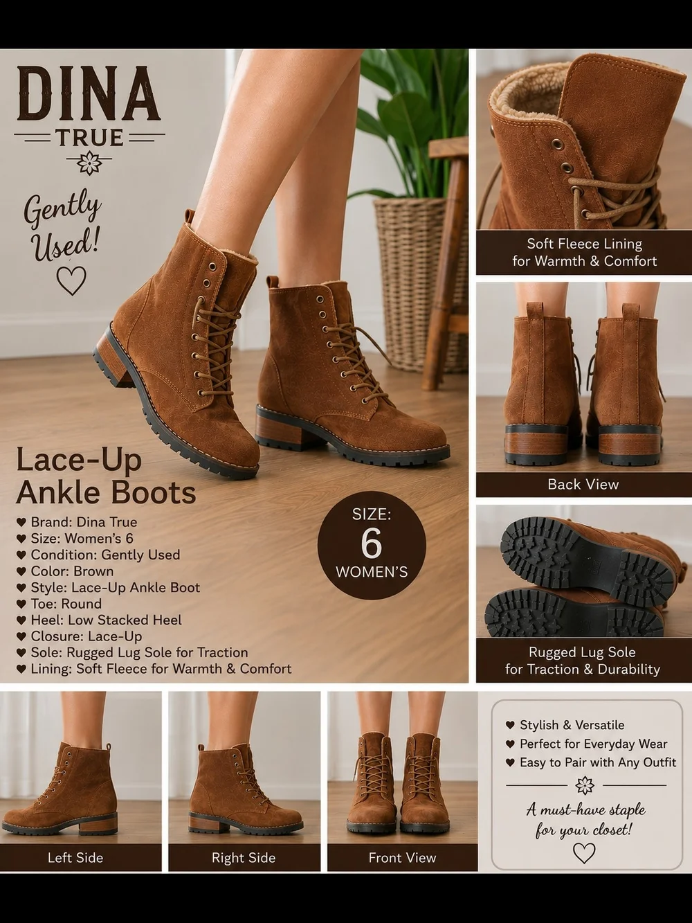 Women's Brown Lace-Up Ankle Boots - Size 6
